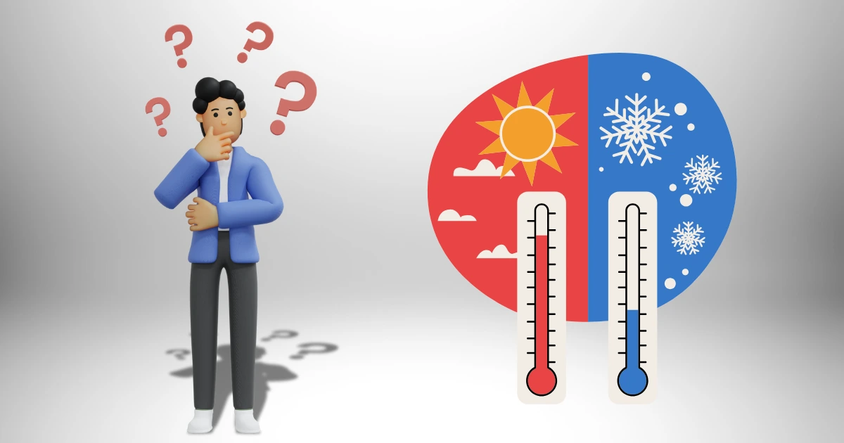 man confused with question marks next to summer and winter thermostats. This represents the best air conditioner temperature for summer and winter.